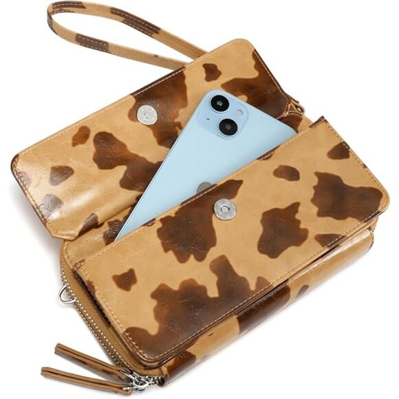 Women Cow Print Beige Imported Faux Leather Crossbody With Phone Pocket Bags - Picture 3 of 4